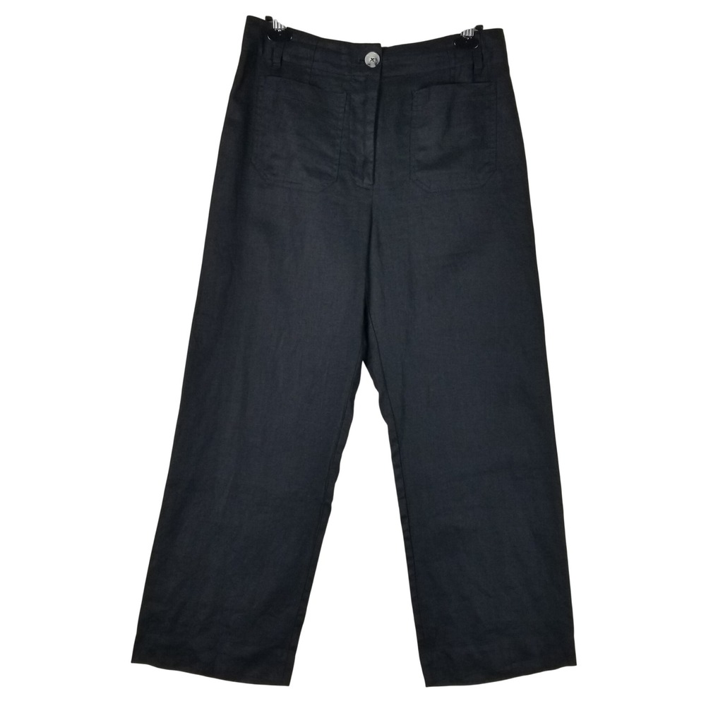 Quince Pants Women 10 Black 100% European Linen Wide Leg Patch Pocket High Rise